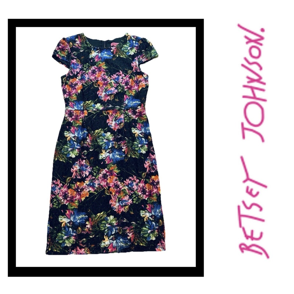 Betsey Johnson Women's Size 10 Dress Lined Black Pink Floral Vibrant Beautiful
